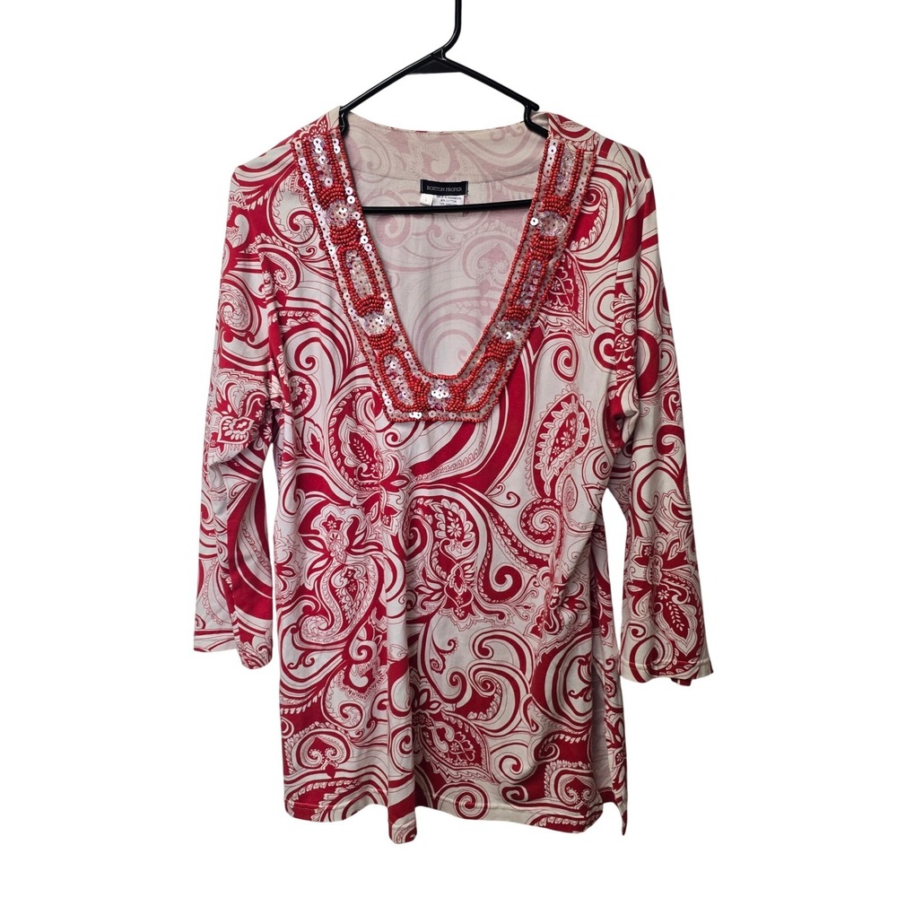 Boston Proper Red Paisley Beaded‎ Sequin V-Neck Tunic Top 3/4 Sleeve Large